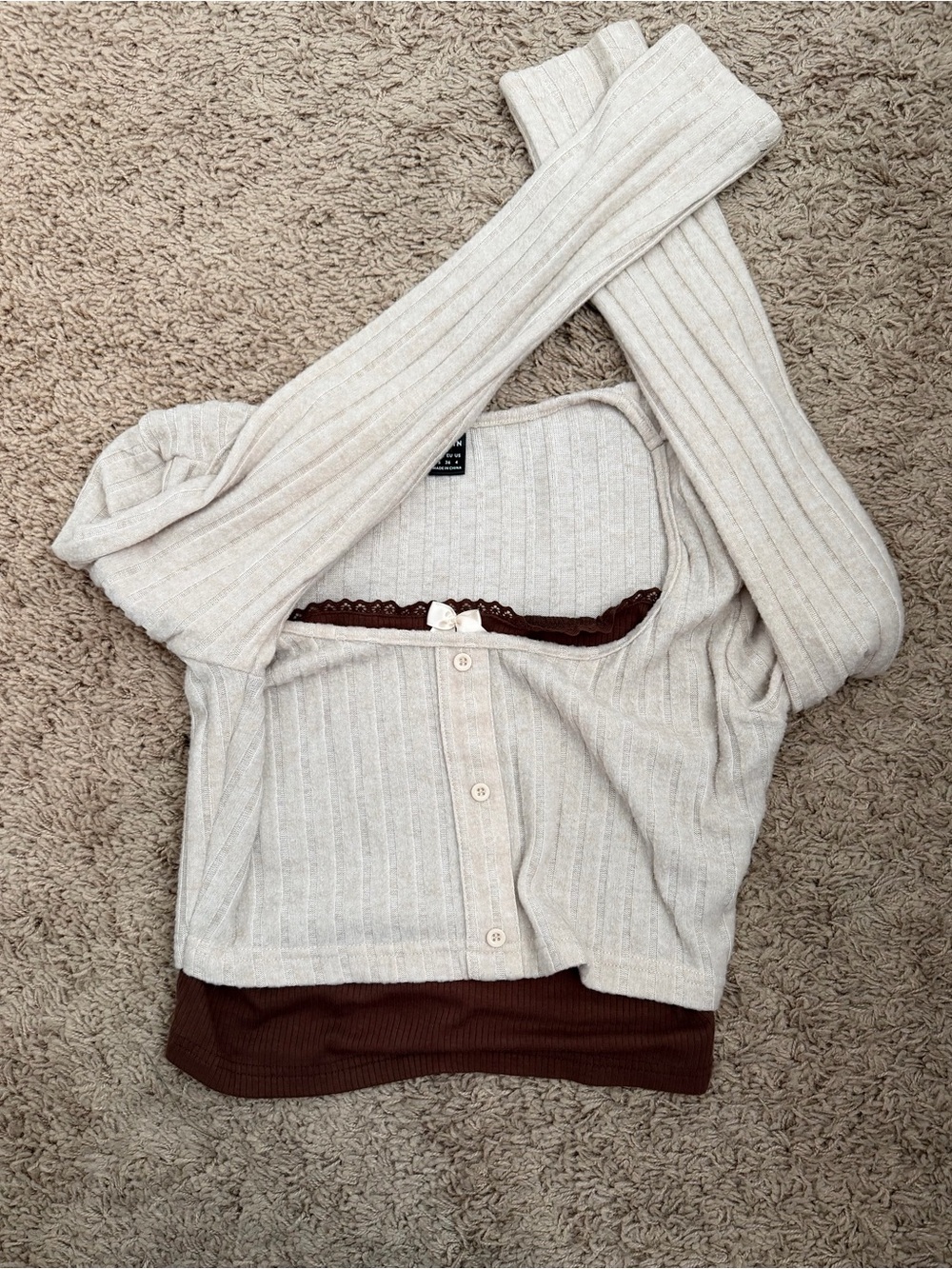 This beige and brown ribbed knit two-piece set top